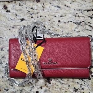 Valentino Burgundy Leather Clutch with Silver Chain